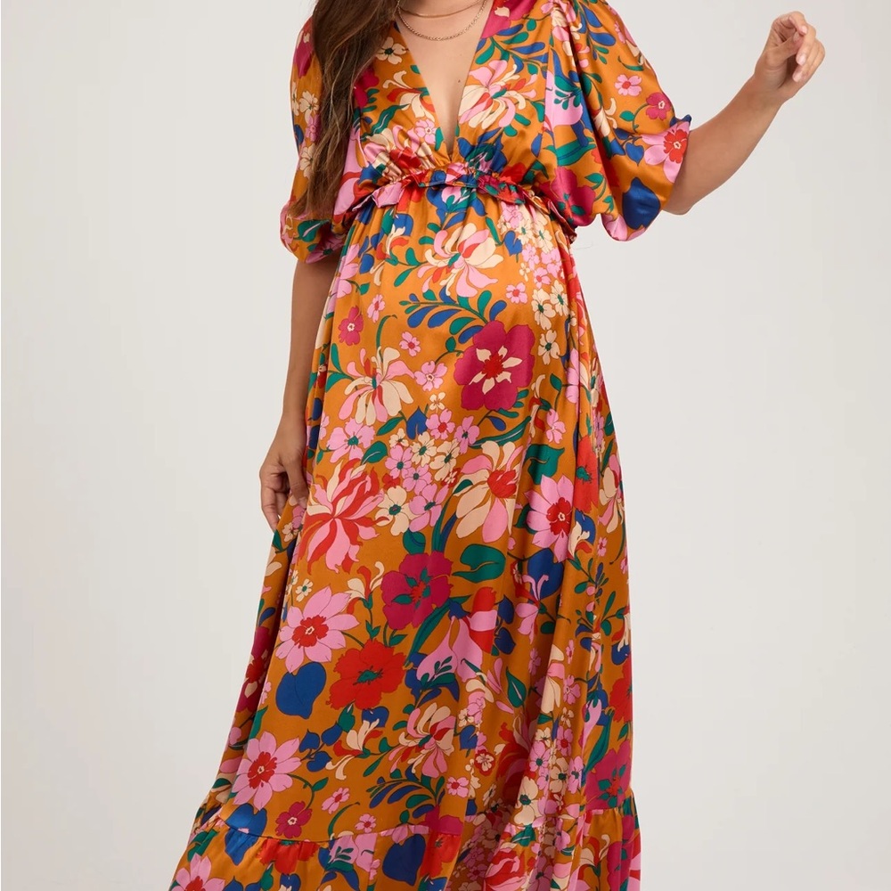 Pink Blush Orange Floral Satin Deep V-Neck Puff Sleeve Maternity Maxi Dress